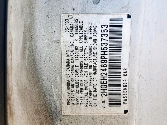 2HGEH2469PH537353 - 1993 HONDA CIVIC DX WHITE photo 10