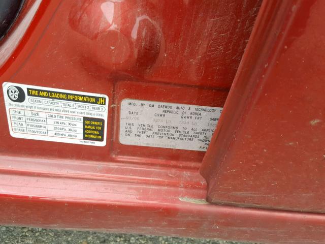 KL1TD66676B652182 - 2006 CHEVROLET AVEO BASE Қызыл фото 10