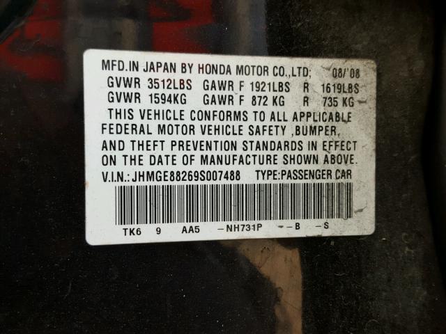 JHMGE88269S007488 - 2009 HONDA FIT BLACK photo 10