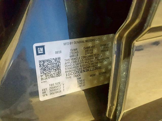 1GCGTCEN3K1113031 - 2019 CHEVROLET COLORADO L GRAY photo 10