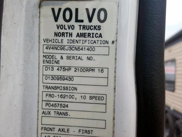 4V4NC9EJ3CN541400 - 2012 VOLVO VN VNL WHITE photo 10