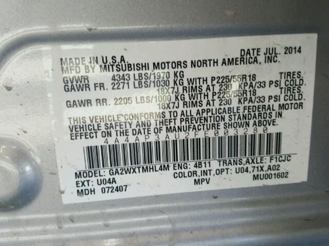 4A4AP3AU2FE003280 - 2015 MITSUBISHI OUTLANDER SILVER photo 10