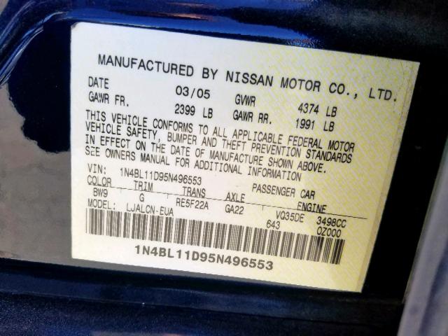 1N4BL11D95N496553 - 2005 NISSAN ALTIMA SE BLUE photo 10