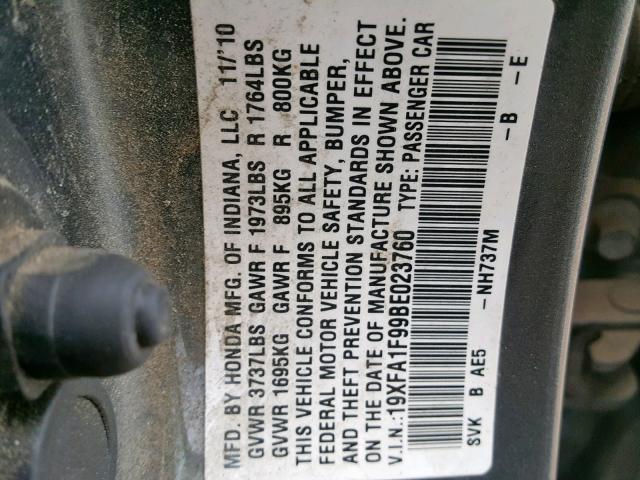 19XFA1F99BE023760 - 2011 HONDA CIVIC EXL 黑色 照片 10