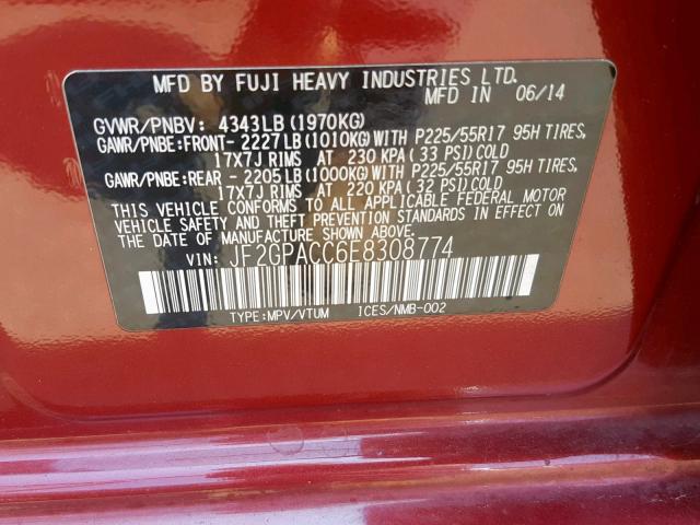 JF2GPACC6E8308774 - 2014 SUBARU XV CROSSTR RED photo 10