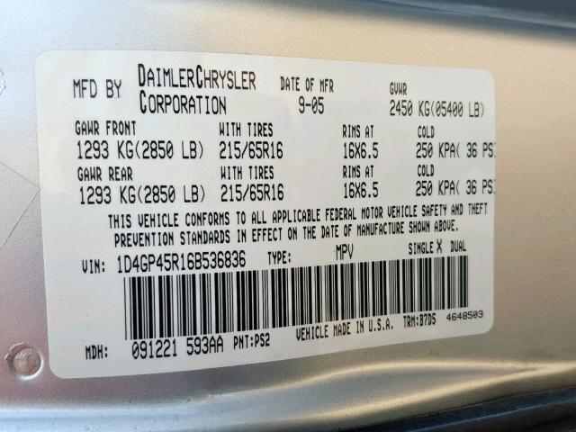 1D4GP45R16B536836 - 2006 DODGE CARAVAN SX SILVER photo 10