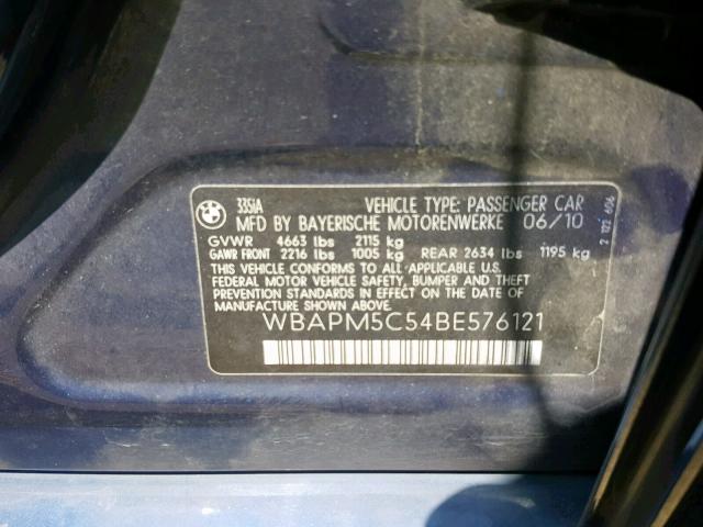 WBAPM5C54BE576121 - 2011 BMW 335 I BLUE photo 10