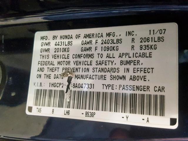 1HGCP26828A047331 - 2008 HONDA ACCORD EXL BLUE photo 10