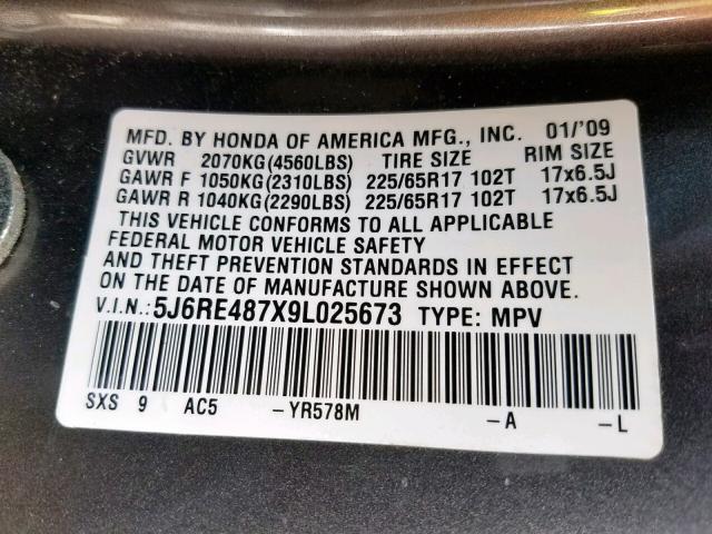 5J6RE487X9L025673 - 2009 HONDA CR-V EXL BROWN photo 10