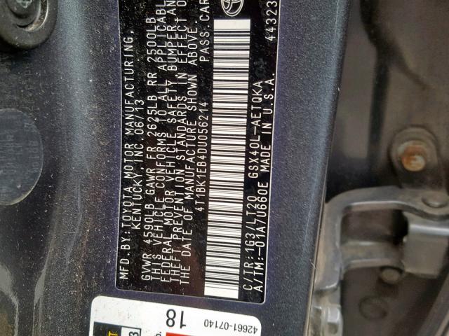 4T1BK1EB4DU056214 - 2013 TOYOTA AVALON BAS GRAY photo 10