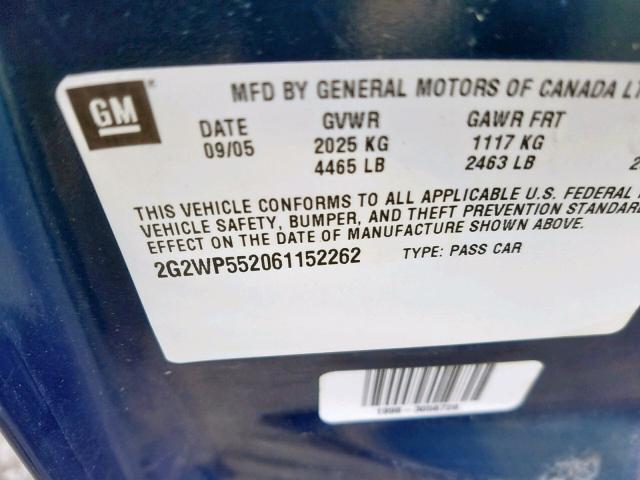 2G2WP552061152262 - 2006 PONTIAC GRAND PRIX BLUE photo 10