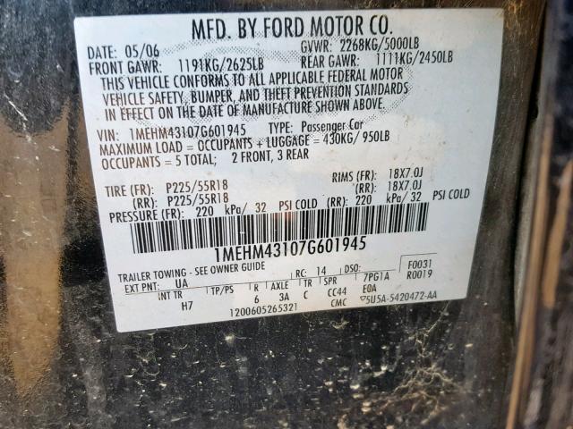 1MEHM43107G601945 - 2007 MERCURY MONTEGO PR შავი ფოტო 10