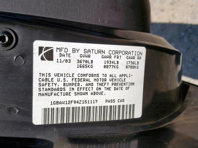 1G8AW12F94Z151117 - 2004 SATURN ION LEVEL BLUE photo 10