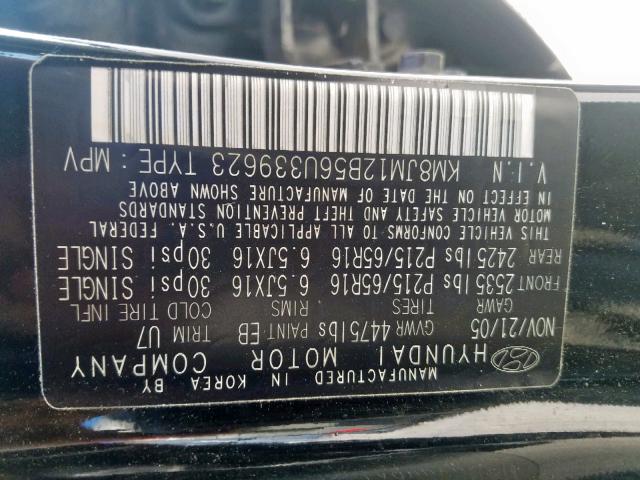 KM8JM12B56U339623 - 2006 HYUNDAI TUCSON GL BLACK photo 10