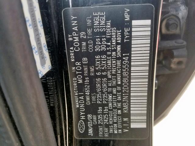 KM8JN12D08U855941 - 2008 HYUNDAI TUCSON SE BLACK photo 10