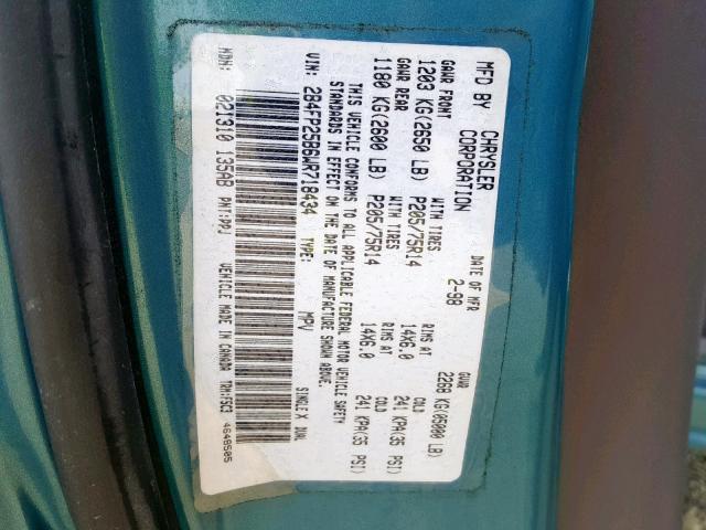 2B4FP25B6WR718434 - 1998 DODGE CARAVAN BLUE photo 10