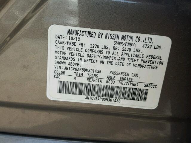 JN1CV6AP8DM301436 - 2013 INFINITI G37 BASE GRAY photo 10