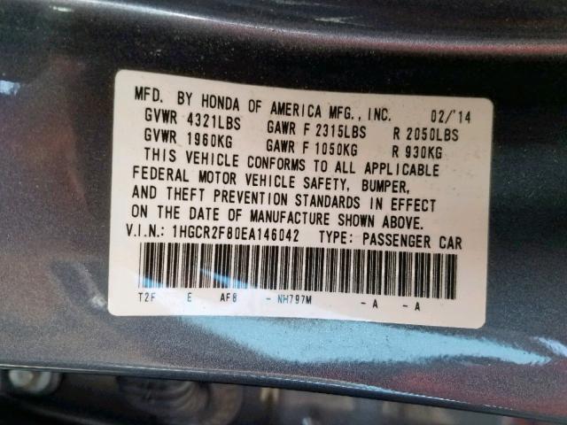 1HGCR2F80EA146042 - 2014 HONDA ACCORD EXL GRAY photo 10