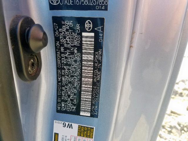 JTKDE167580237858 - 2008 TOYOTA SCION TC ლურჯი ფოტო 10