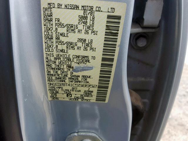 5N1ED28T41C558952 - 2001 NISSAN XTERRA XE SILVER photo 10