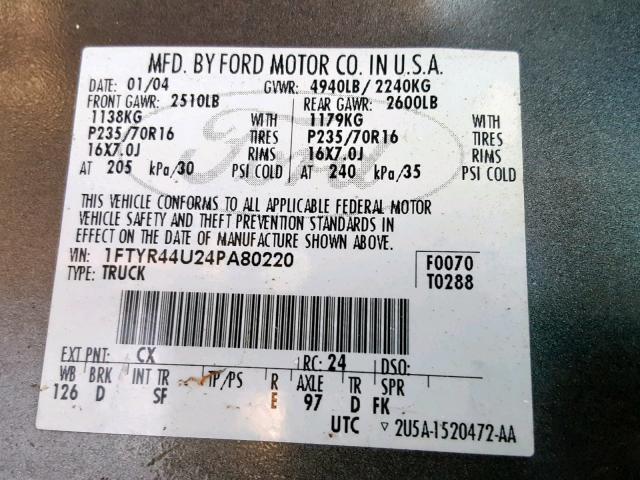 1FTYR44U24PA80220 - 2004 FORD RANGER SUP GRAY photo 10