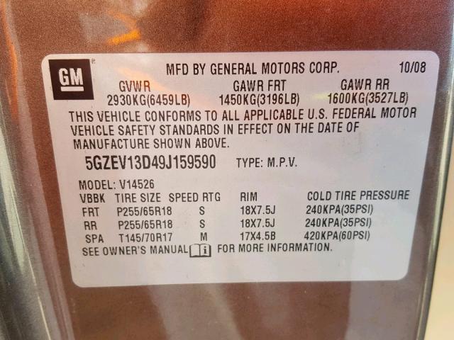 5GZEV13D49J159590 - 2009 SATURN OUTLOOK XE BROWN photo 10