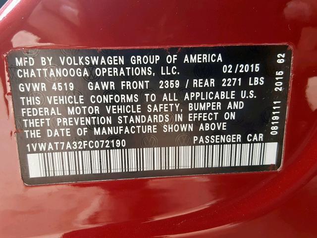 1VWAT7A32FC072190 - 2015 VOLKSWAGEN PASSAT S RED photo 10