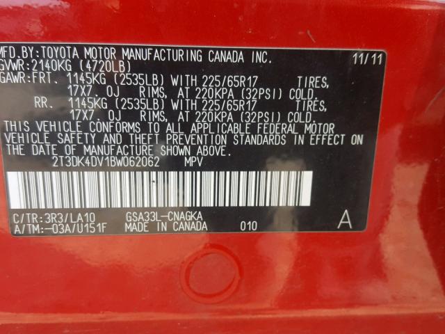 2T3DK4DV1BW062062 - 2011 TOYOTA RAV4 LIMIT RED photo 10