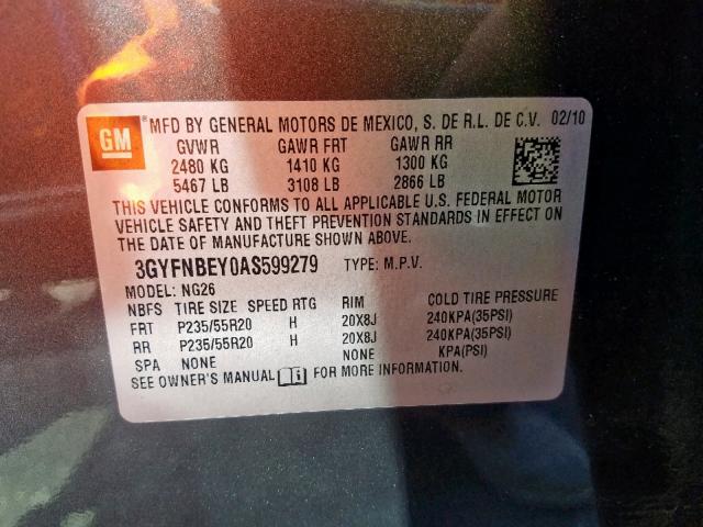 3GYFNBEY0AS599279 - 2010 CADILLAC SRX PERFOR GRAY photo 10