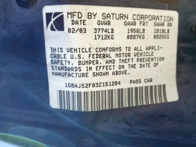 1G8AJ52F03Z151284 - 2003 SATURN ION LEVEL SILVER photo 10