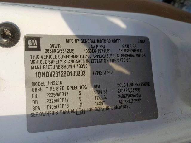 1GNDV23128D190303 - 2008 CHEVROLET UPLANDER L 白色 照片 10