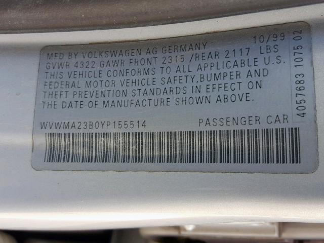 WVWMA23B0YP155514 - 2000 VOLKSWAGEN PASSAT GLS SILVER photo 10