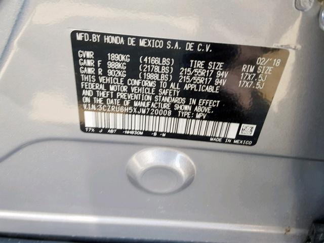 3CZRU6H5XJM720008 - 2018 HONDA HR-V EX GRAY photo 10