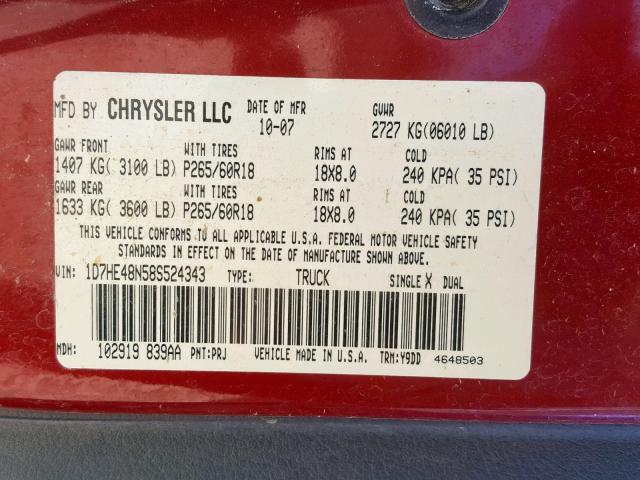 1D7HE48N58S524343 - 2008 DODGE DAKOTA QUA RED photo 10