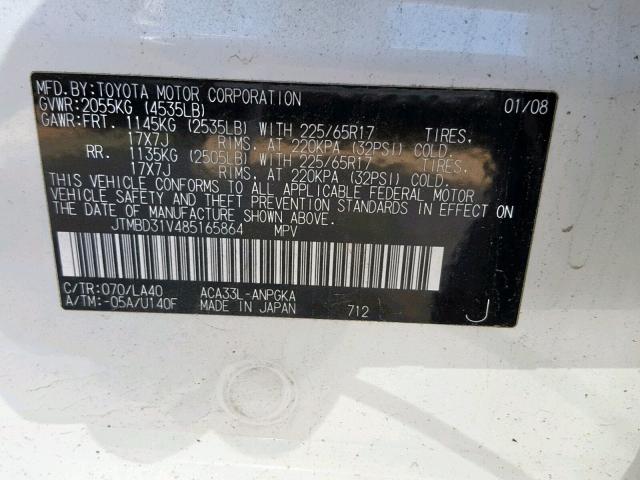 JTMBD31V485165864 - 2008 TOYOTA RAV4 LIMIT WHITE photo 10