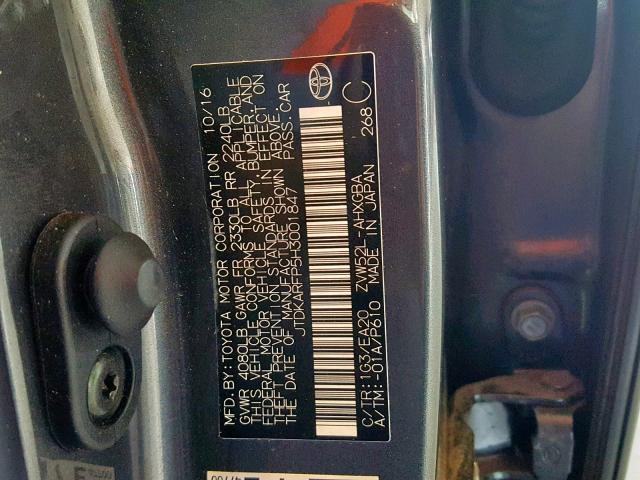 JTDKARFP5H3001847 - 2017 TOYOTA PRIUS PRIM 石墨色 照片 10