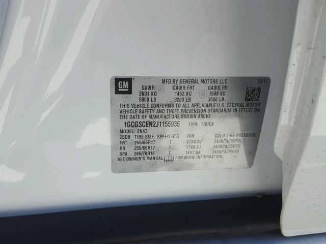 1GCGSCEN2J1155935 - 2018 CHEVROLET COLORADO L WHITE photo 10