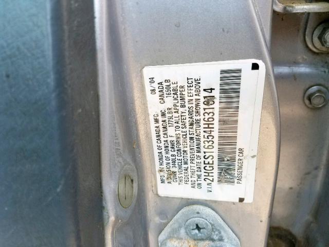 2HGES16354H631014 - 2004 HONDA CIVIC DX V GRAY photo 10