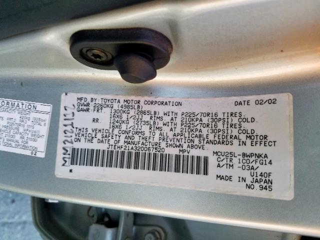 JTEHF21A320067520 - 2002 TOYOTA HIGHLANDER SILVER photo 10