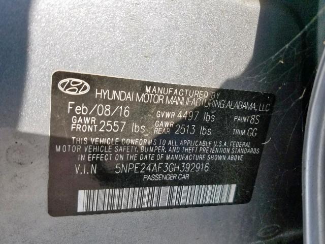 5NPE24AF3GH392916 - 2016 HYUNDAI SONATA SE SILVER photo 10