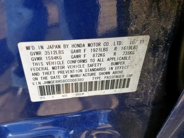 JHMGE8H58CC008380 - 2012 HONDA FIT SPORT BLUE photo 10