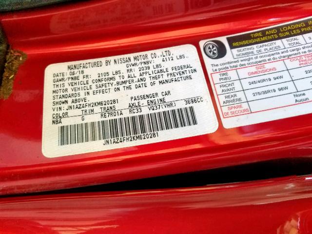 JN1AZ4FH2KM620281 - 2019 NISSAN 370Z BASE RED photo 10