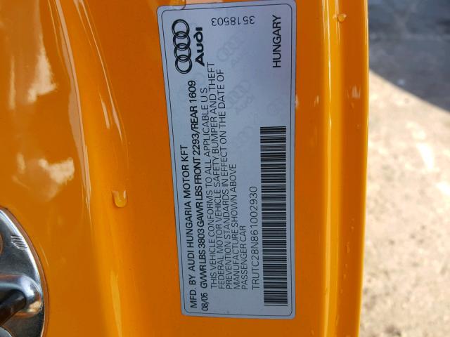 TRUTC28N861002930 - 2006 AUDI TT ORANGE photo 10