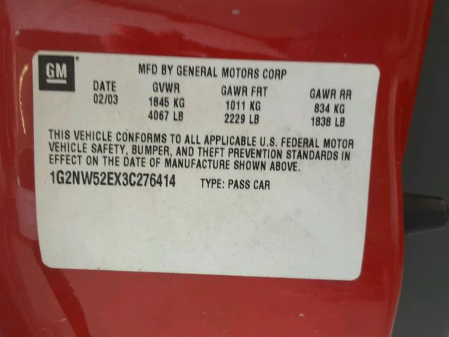 1G2NW52EX3C276414 - 2003 PONTIAC GRAND AM G RED photo 10