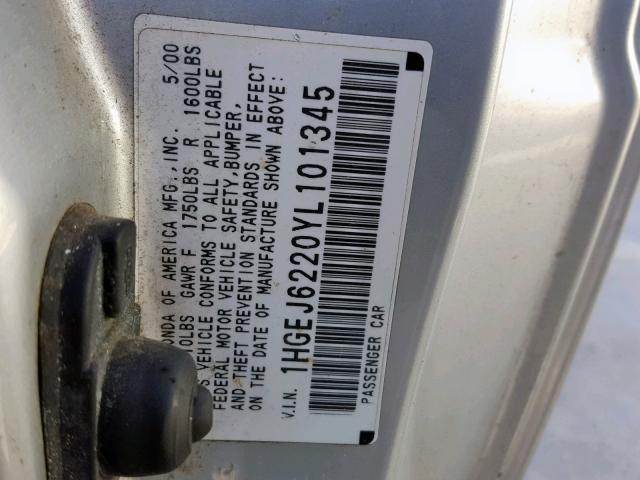 1HGEJ6220YL101345 - 2000 HONDA CIVIC DX GRAY photo 10