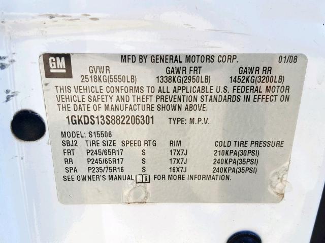 1GKDS13S882206301 - 2008 GMC ENVOY WHITE photo 10