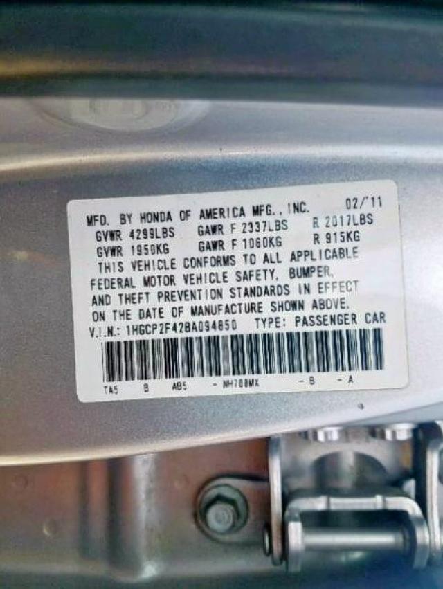 1HGCP2F42BA094850 - 2011 HONDA ACCORD LXP SILVER photo 10