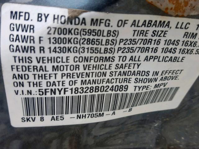 5FNYF18328B024089 - 2008 HONDA PILOT SE SILVER photo 10