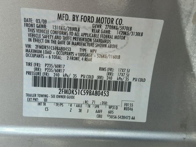 2FMDK51C59BA80453 - 2009 FORD FLEX SE SILVER photo 10