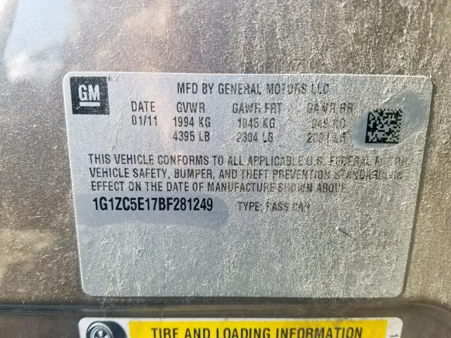 1G1ZC5E17BF281249 - 2011 CHEVROLET MALIBU 1LT 灰色 照片 10